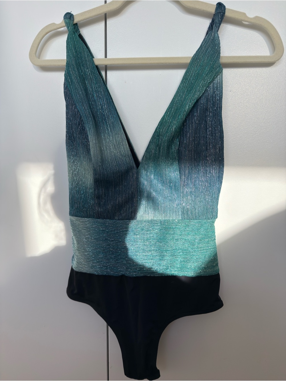 PATBO Metallic Deep V Bodysuit – Teal Shimmer – Size XS